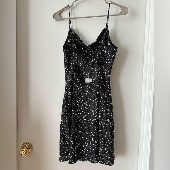 Which We Want black bias-cut satin mini dress with back cutout - Picture 3 of 6